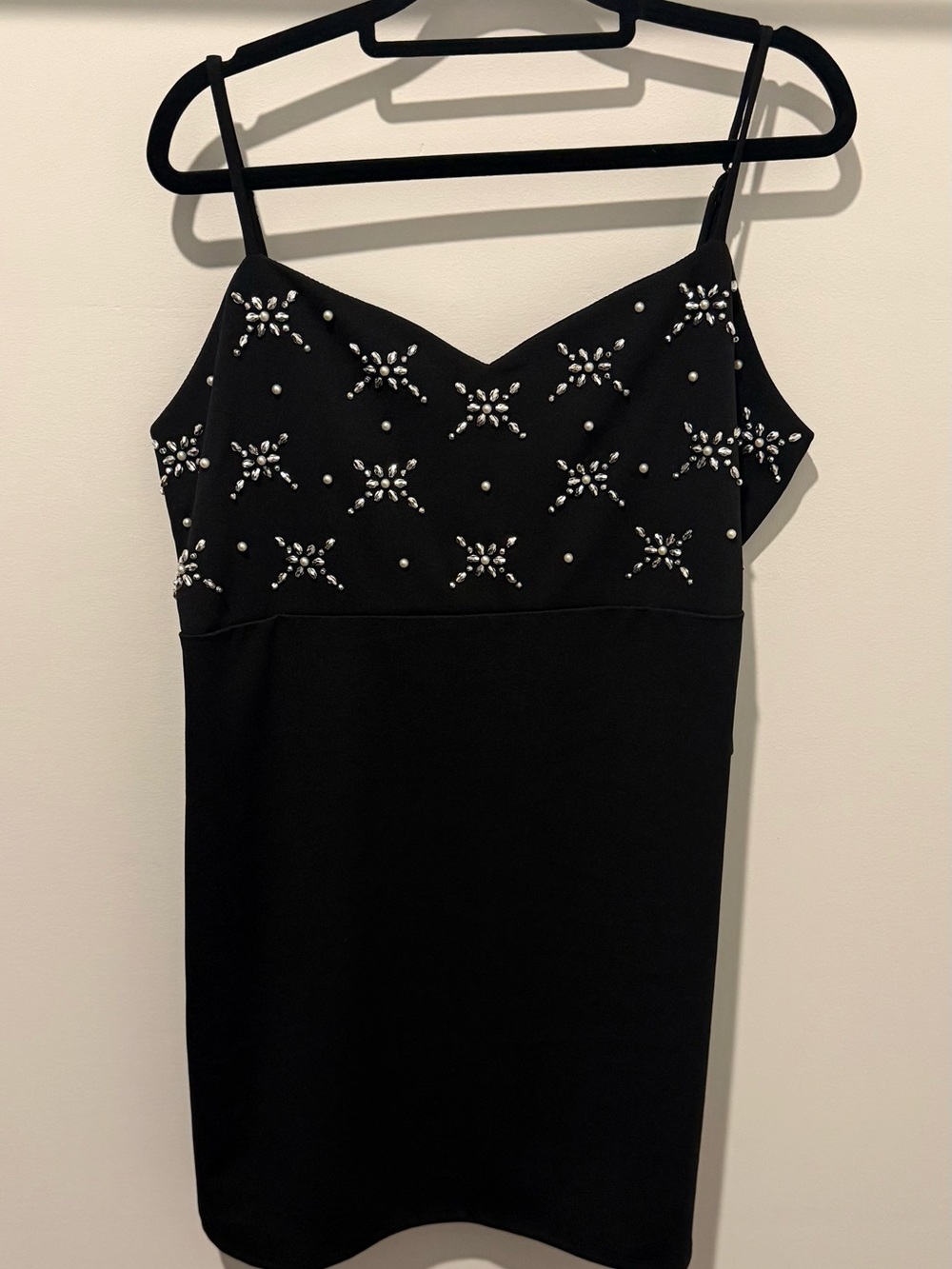 Express Black Crystal-Embellished Spaghetti Strap Mini Dress